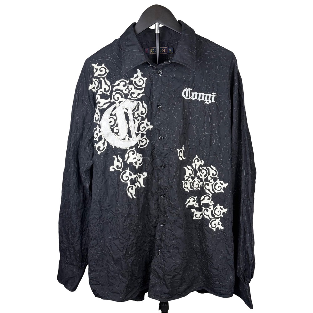 COOGI Men's XL Black Quilted Button Up Shirt Embroidered Big Logo Y2K Hip Hop